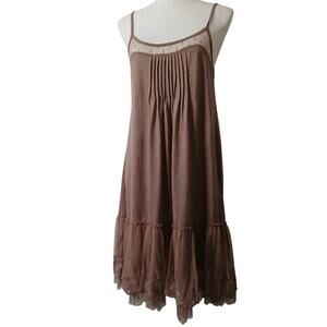 Ryu: Tunic Dress Spaghetti Strap Tiered Lace Long Waist Ruffle Brown Gray NWT M